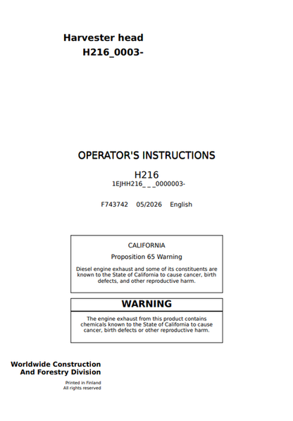 John Deere H216 Harvester Head Operator Instruction F743742