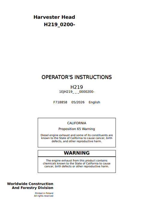 John Deere H219 Harvester Head Operator Manual F718858 PDF