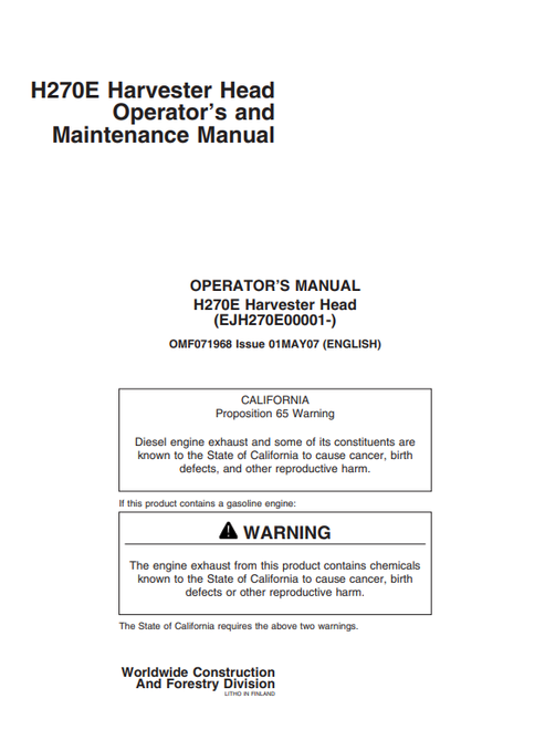John Deere H270E Harvester Head Operator & Maintenance Manual