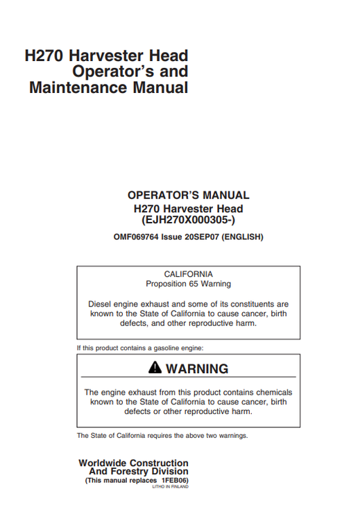 John Deere H270 Harvester Head Operator & Maintenance Manual PDF