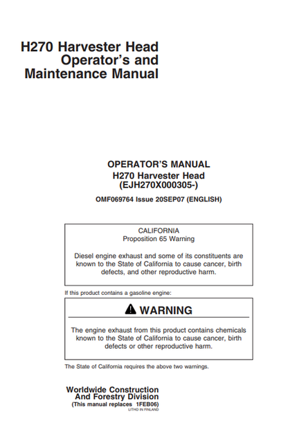 John Deere H270 Harvester Head Operator & Maintenance Manual PDF