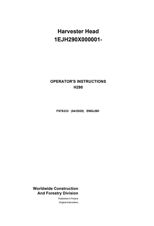 John Deere H290 Harvester Head Operator Manual F076333
