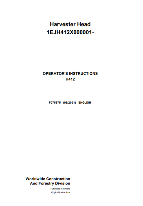 John Deere H412 Harvester Head Operator Manual F075675