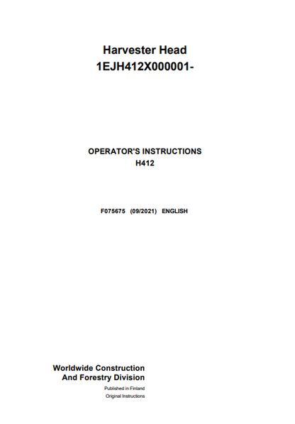 John Deere H412 Harvester Head Operator Manual F075675