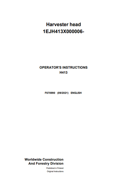 John Deere H413 Harvester Head Operator Manual F678990