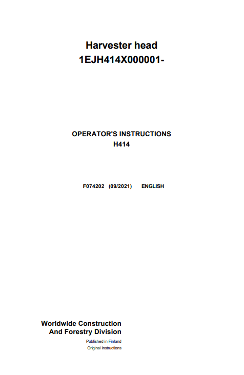 John Deere H414 Harvester Head Operator Manual F074202