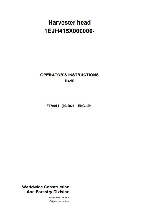 John Deere H415 Harvester Head Operator Manual F679011