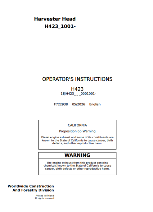 John Deere H423 Harvester Head Operator Manual F722938 PDF