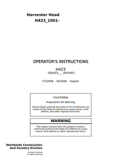 John Deere H423 Harvester Head Operator Manual F722938 PDF