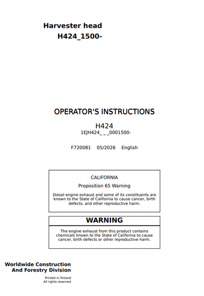 John Deere H424 Harvester Head Operator Manual F720081 PDF