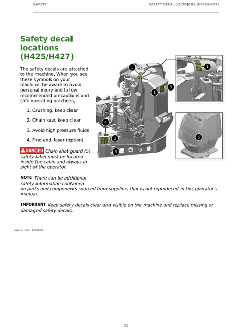 John Deere H425 H427 Harvester Head Operation Manual F722912