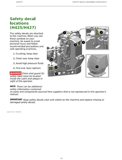 John Deere H425 H427 Harvester Head Operation Manual F722912