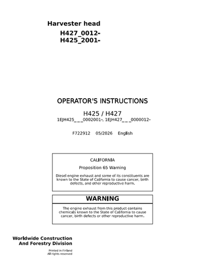 John Deere H425 H427 Harvester Head Operator Manual F722912 PDF