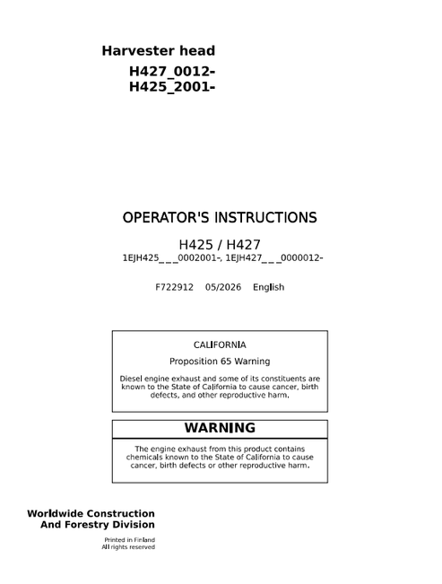 John Deere H425 H427 Harvester Head Operator Manual F722912 PDF