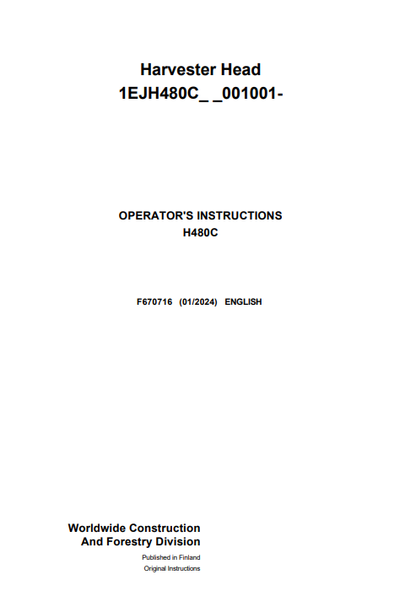John Deere H480C Harvester Head Operator Manual F670716 PDF