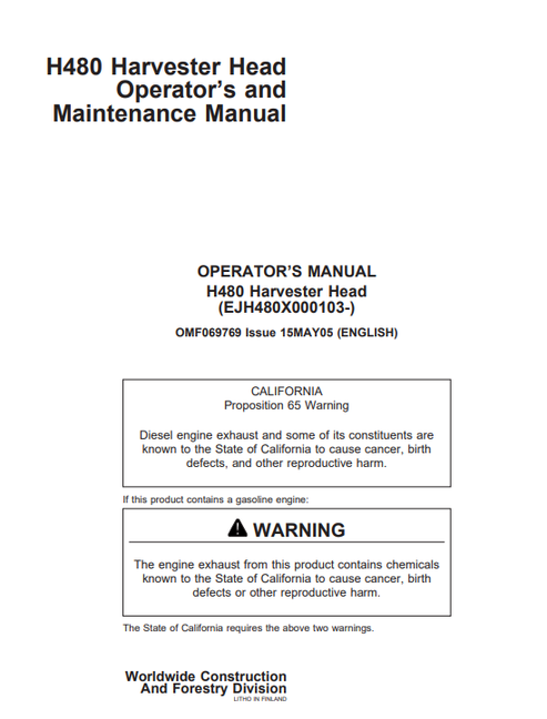 John Deere H480 Harvester Head Operator Maintenance Manual OMF069769