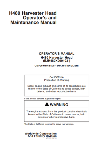 John Deere H480 Harvester Head Operator Maintenance Manual OMF069769