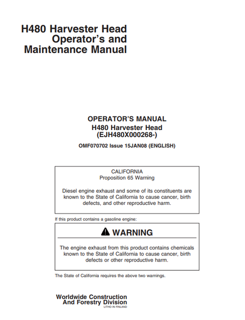 John Deere H480 Harvester Head Operator Maintenance Manual OMF070702