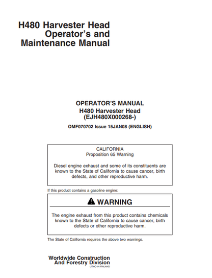 John Deere H480 Harvester Head Operator Maintenance Manual OMF070702
