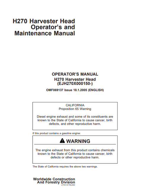 John Deere H720 Harvester Head Operator Maintenance Manual OMF069137