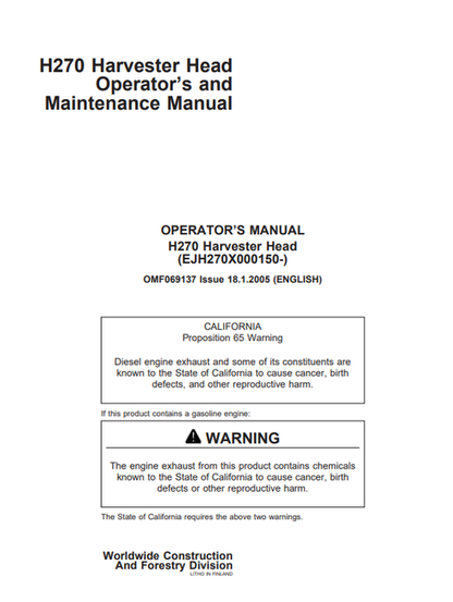 John Deere H720 Harvester Head Operator Maintenance Manual OMF069137