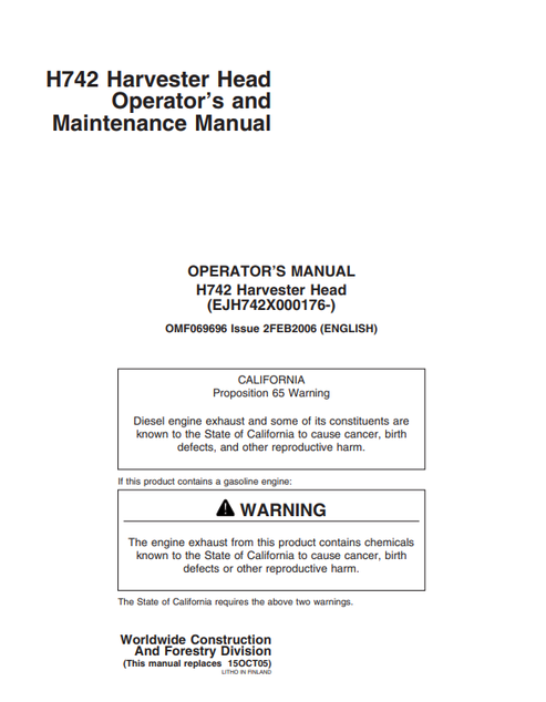 John Deere H742 Harvester Head Manual OMF069696 PDF