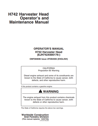 John Deere H742 Harvester Head Manual OMF069696 PDF