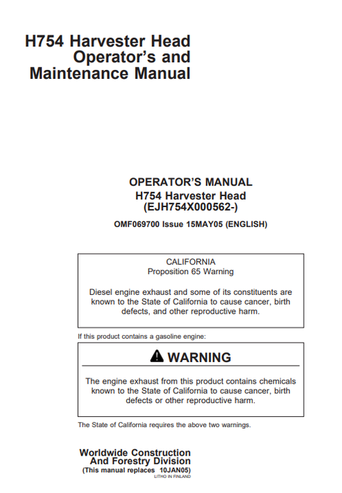 John Deere H754 Harvester Head Operator Maintenance Manual OMF069700