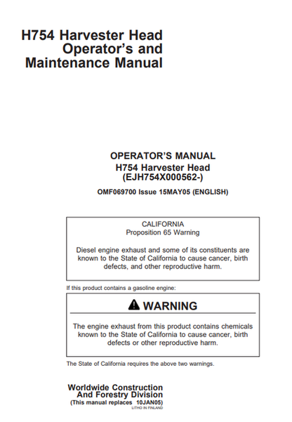 John Deere H754 Harvester Head Operator Maintenance Manual OMF069700