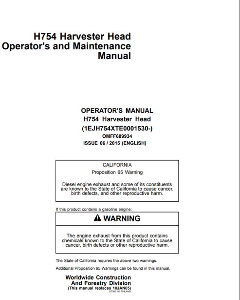 John Deere H754 Harvester Head Operator Maintenance Manual OMFF689934