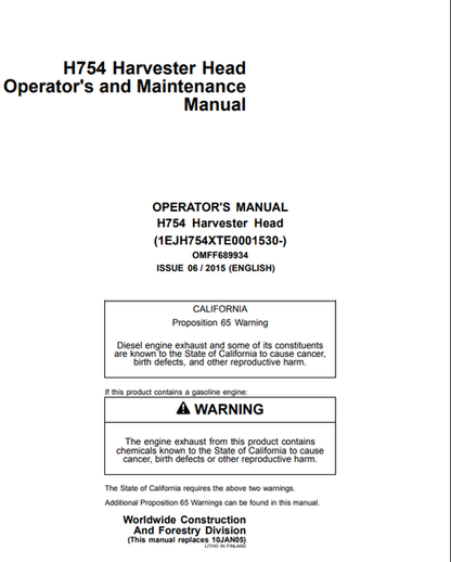John Deere H754 Harvester Head Operator Maintenance Manual OMFF689934