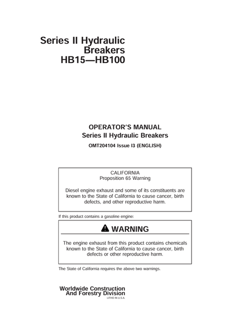 John Deere HB15 HB30 HB50 HB75 HB100 Series II Hydraulic Breaker Manual