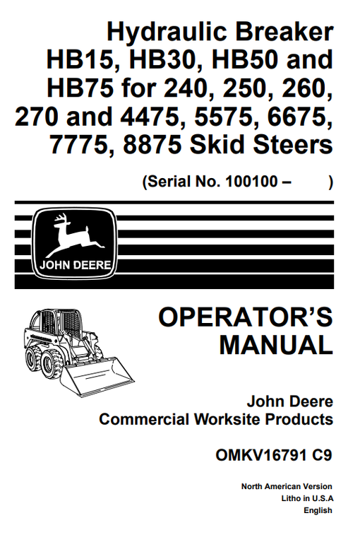 John Deere HB15 HB30 HB50 HB75 Hydraulic Breaker Manual OMKV16791