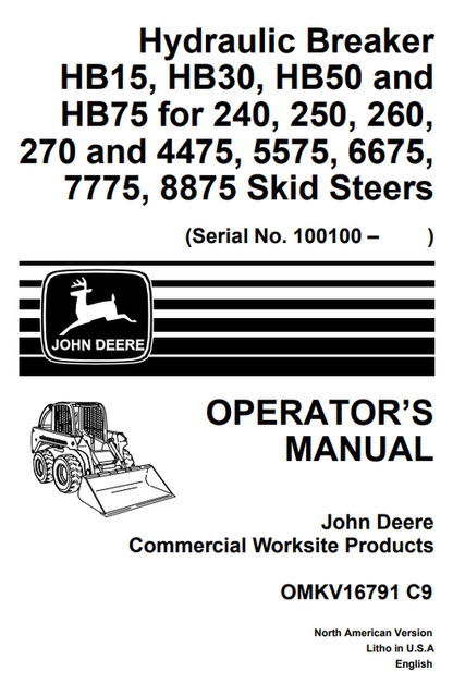 John Deere HB15 HB30 HB50 HB75 Hydraulic Breaker Manual OMKV16791