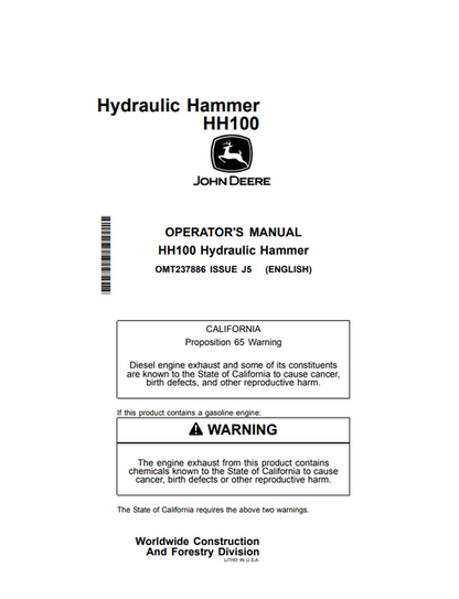 John Deere HH100 Hydraulic Hammer Operator Manual OMT237886