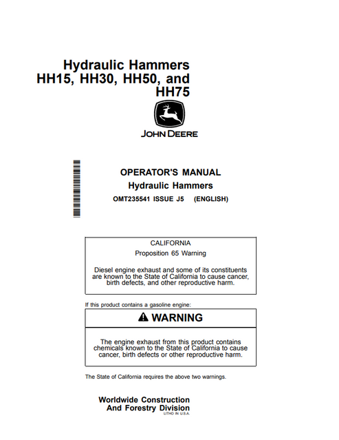 John Deere HH15 HH30 HH50 HH75 Hydraulic Hammer Manual