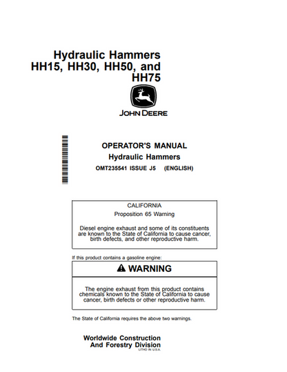 John Deere HH15 HH30 HH50 HH75 Hydraulic Hammer Manual