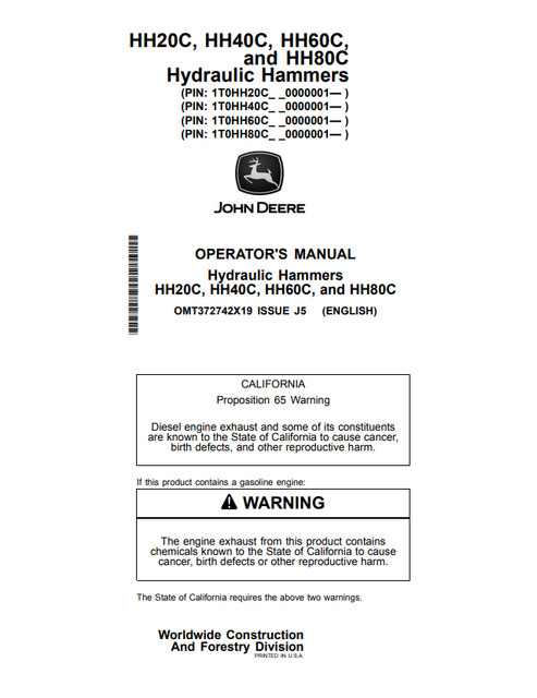 John Deere HH20C HH40C HH60C HH80C Hydraulic Hammer Operator Manual PDF