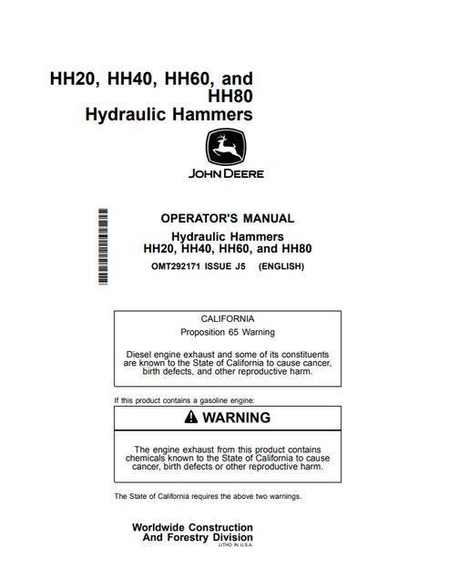John Deere HH20 HH40 HH60 HH80 Hydraulic Hammer Operator Manual PDF