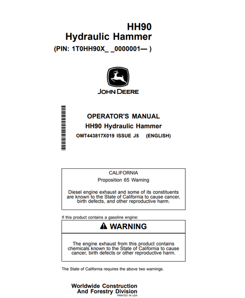 John Deere HH90 Hydraulic Hammer Operator Manual PDF