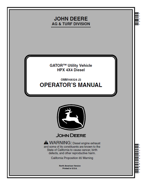 John Deere HPX 4x4 Diesel Gator Utility Vehicle Operator Manual OMM168324