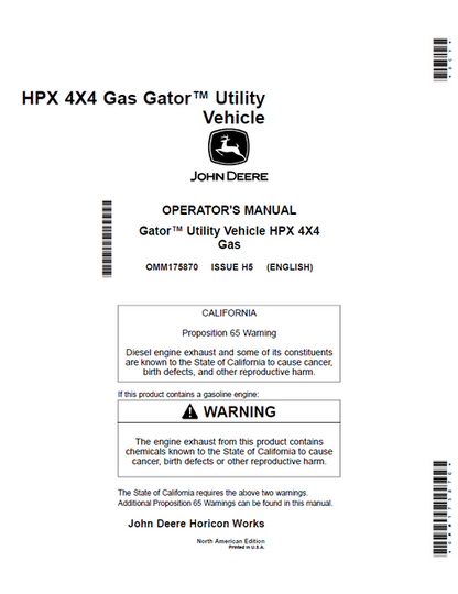 John Deere HPX 4x4 Gas Gator Utility Vehicle Operator Manual OMM175870