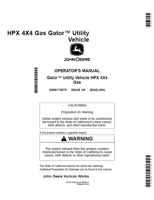 John Deere HPX 4x4 Gas Gator Utility Vehicle Operator Manual OMM175870