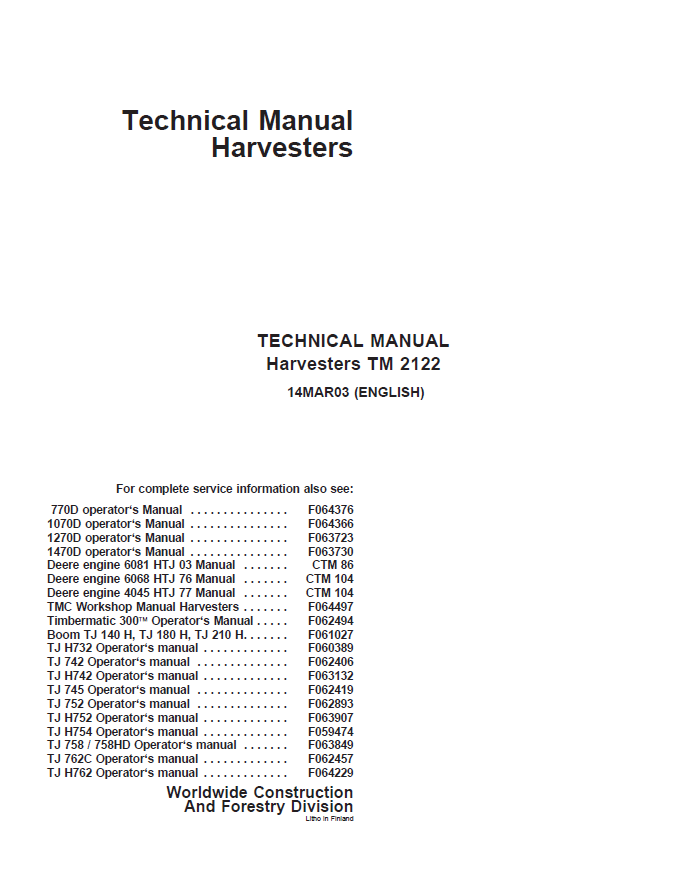 John Deere Harvesters Technical Manual TM2122 PDF