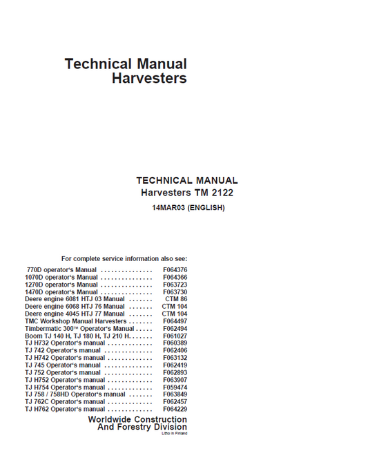 John Deere Harvesters Technical Manual TM2122 PDF
