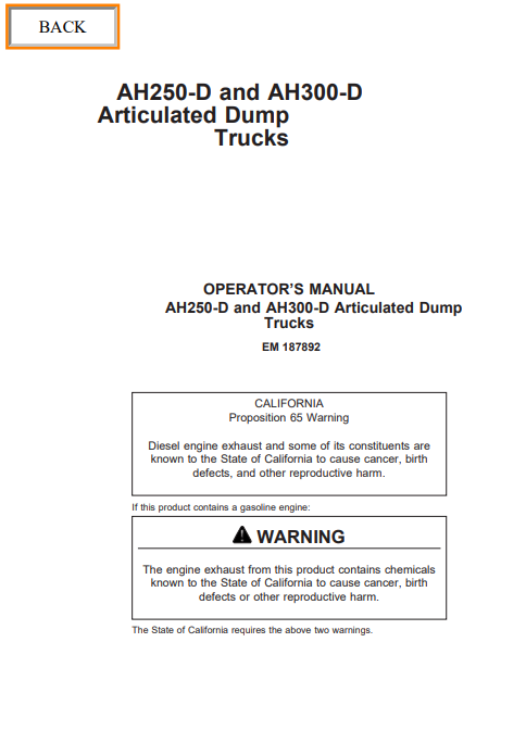 John Deere Hitachi AH250-D AH300-D Operator Manual EM187892