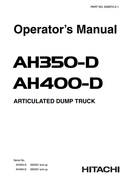 John Deere Hitachi AH350D AH400D Operator Manual EM8TH21 PDF