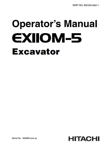 John Deere Hitachi EX110M-5 Excavator Operator Manual EM1E9NA21