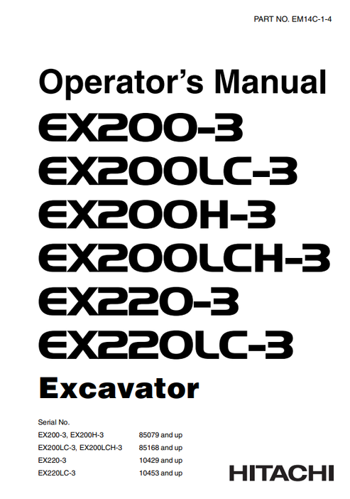 John Deere Hitachi EX200-3 EX220-3 Excavator Operator Manual EM14C14