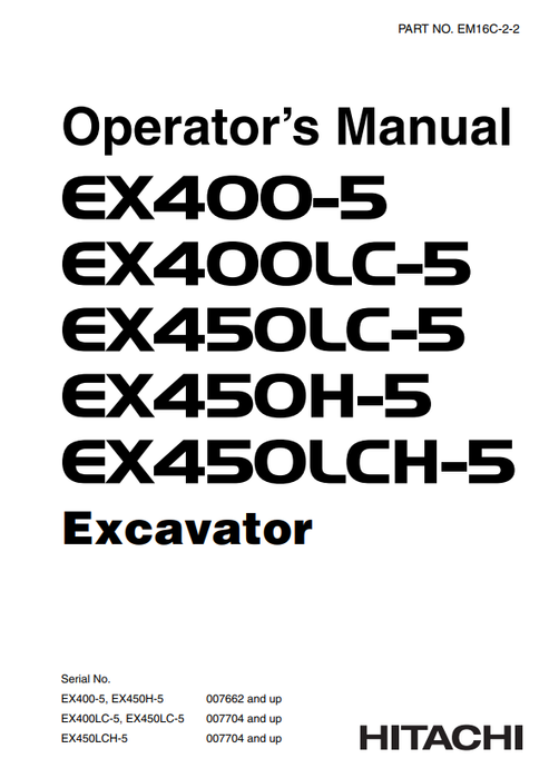 John Deere Hitachi EX400-5 EX450LC-5 Excavator Operator Manual